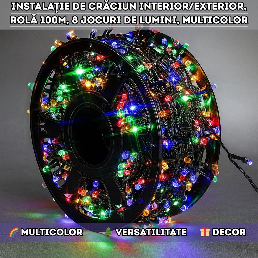 Instalație de Crăciun multicoloră – 450 leduri, 100 m, 8 moduri de iluminare, pentru interior & exterior