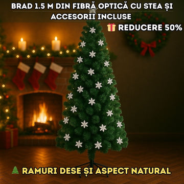 Brad Artificial 1.5 m din Fibră Optică – cu Stea și Decorațiuni Incluse