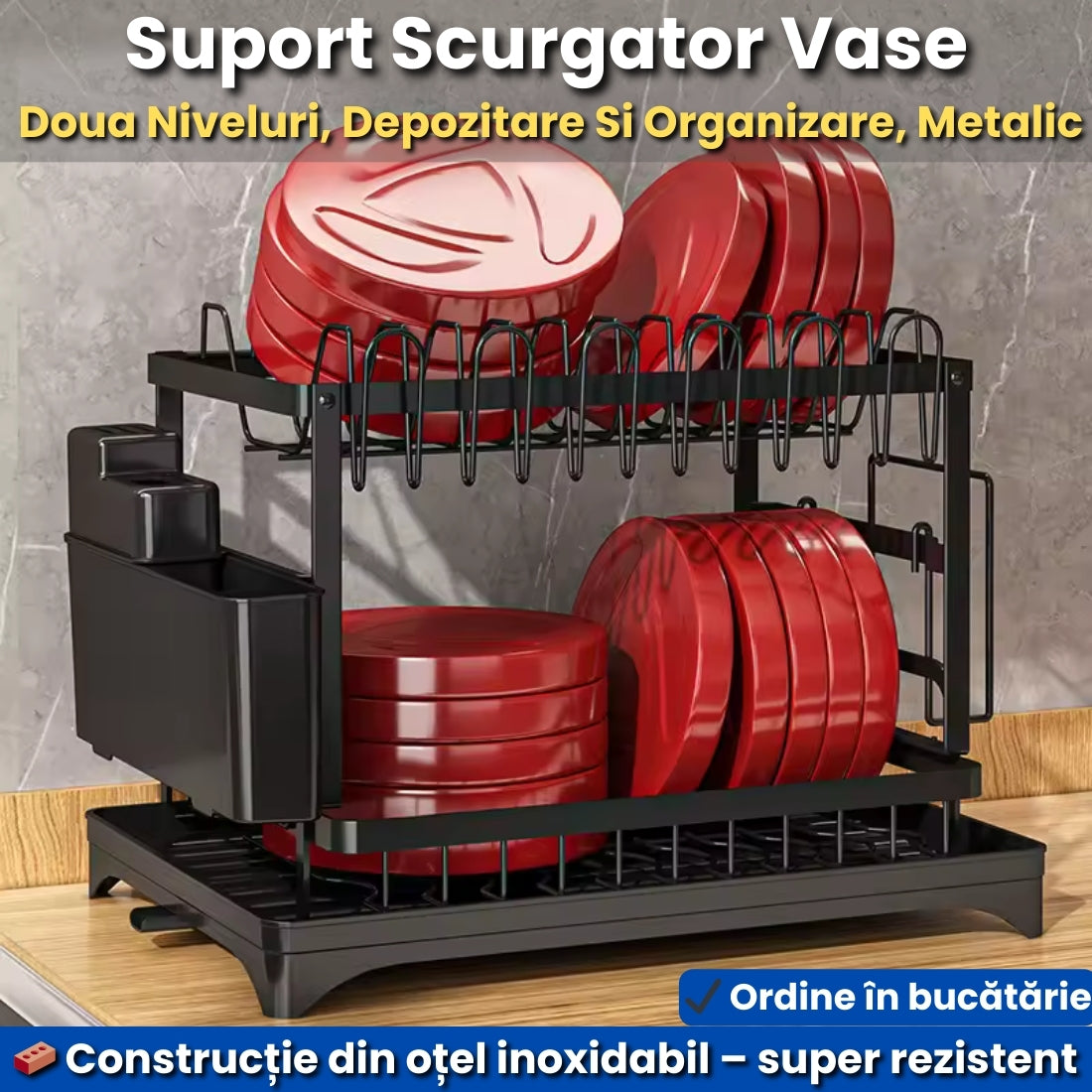 Suport Vase Metalic cu Două Niveluri – Scurgător cu Tavă și Suport Tacâmuri