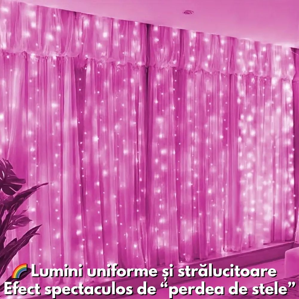Instalație Tip Perdea Roz 3x3 m – Cu Telecomandă și Lumini Delicate pentru Decorul Perfect