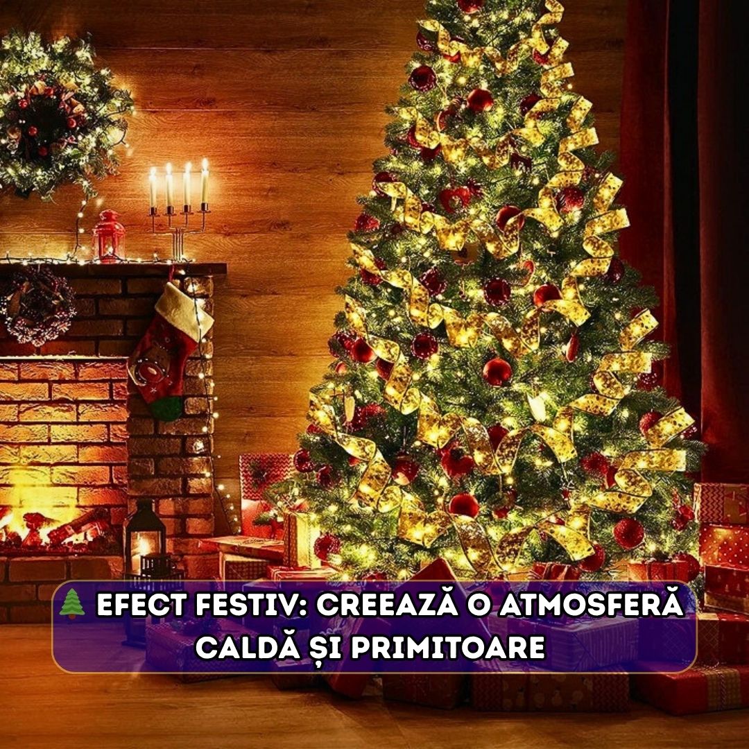 Instalație decorativă tip panglică 10 m, 100 LED-uri, lumină alb-cald – pentru Crăciun, brad, nuntă sau decor interior