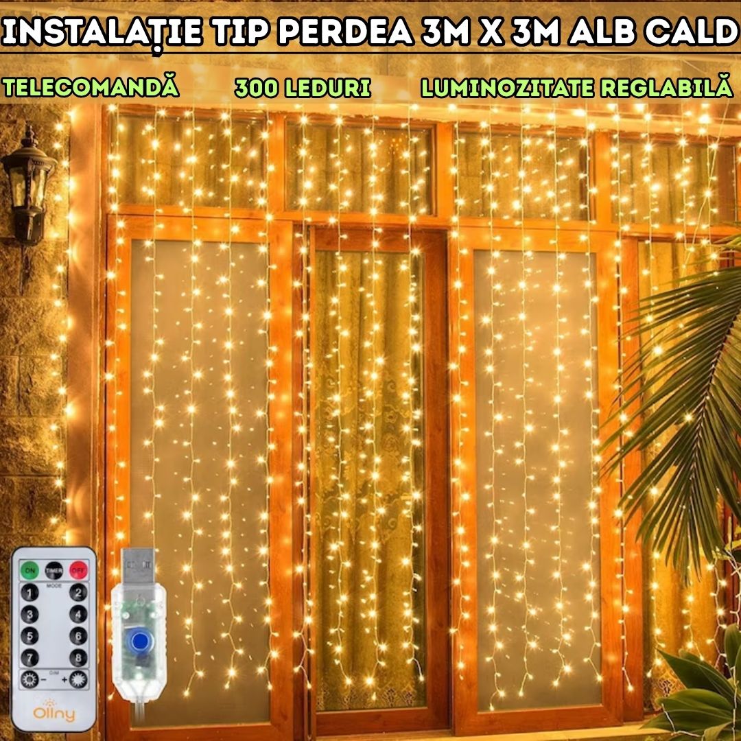 Instalație tip perdea luminoasă 3m x 3m – alb cald, cu telecomandă și 8 moduri de iluminare
