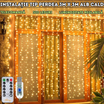 Instalație tip perdea luminoasă 3m x 3m – alb cald, cu telecomandă și 8 moduri de iluminare