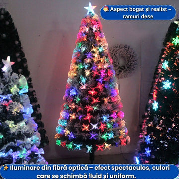 Brad de Crăciun 2.10 m cu Fibră Optică – 240 LED-uri, Lumini Multicolore, Gata Decorat!
