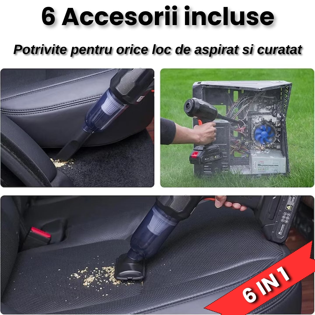 Aspirator Auto cu Acumulator Puternic, 6 Capete Incluse, Curățare Rapidă și Eficientă 100 W