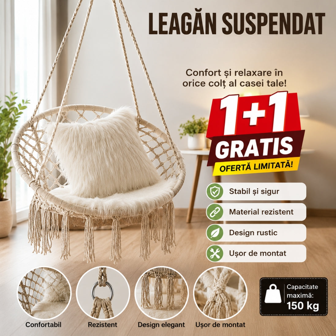 Leagan suspendat - Design rustic, stabil si confortabil