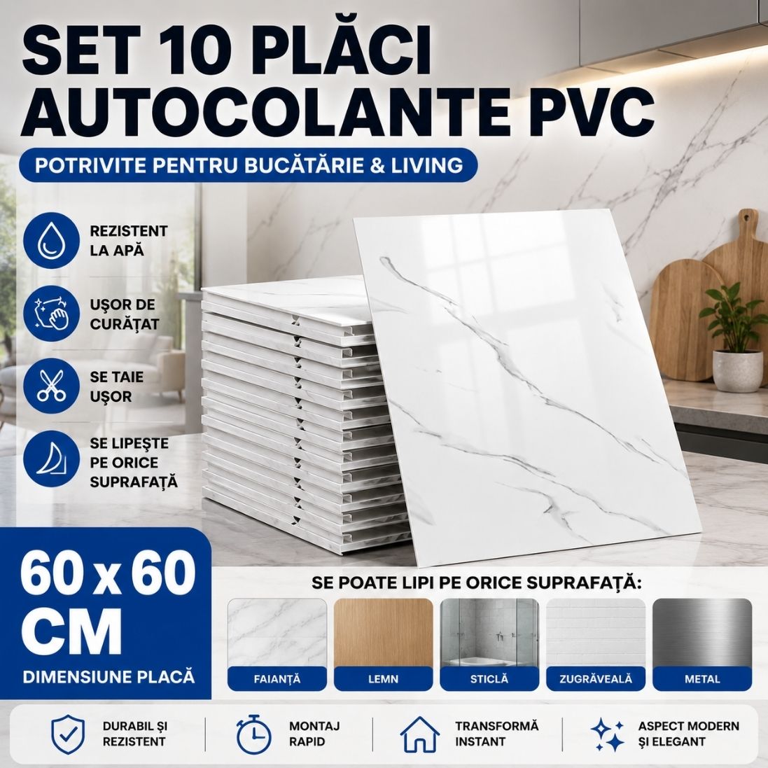 Set 10 Plăci Autocolante PVC – Imitație Marmură, 60×60 CM