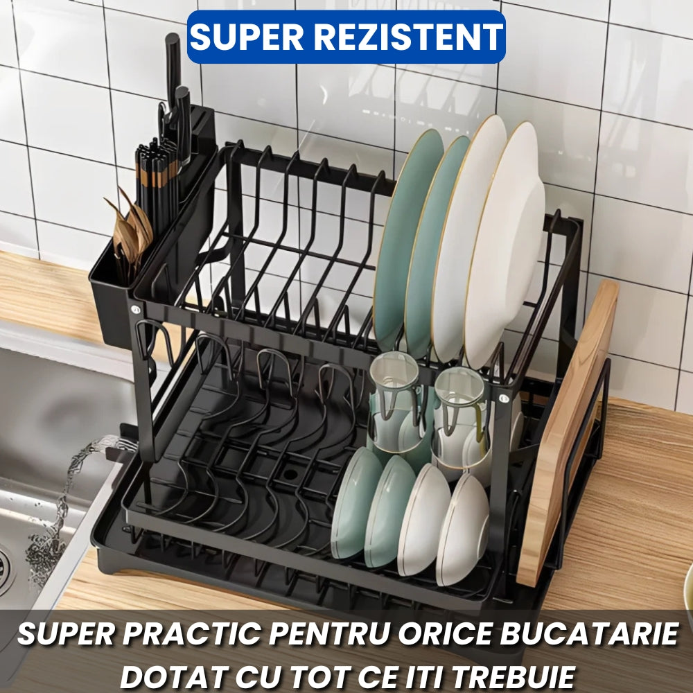 Suport Vase Metalic cu Două Niveluri – Scurgător cu Tavă și Suport Tacâmuri