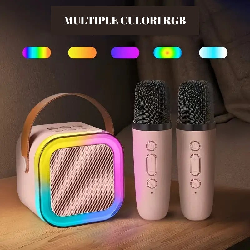 Set Karaoke cu 2 Microfoane și Boxă Portabilă cu Bluetooth și Lumini RGB + CADOU