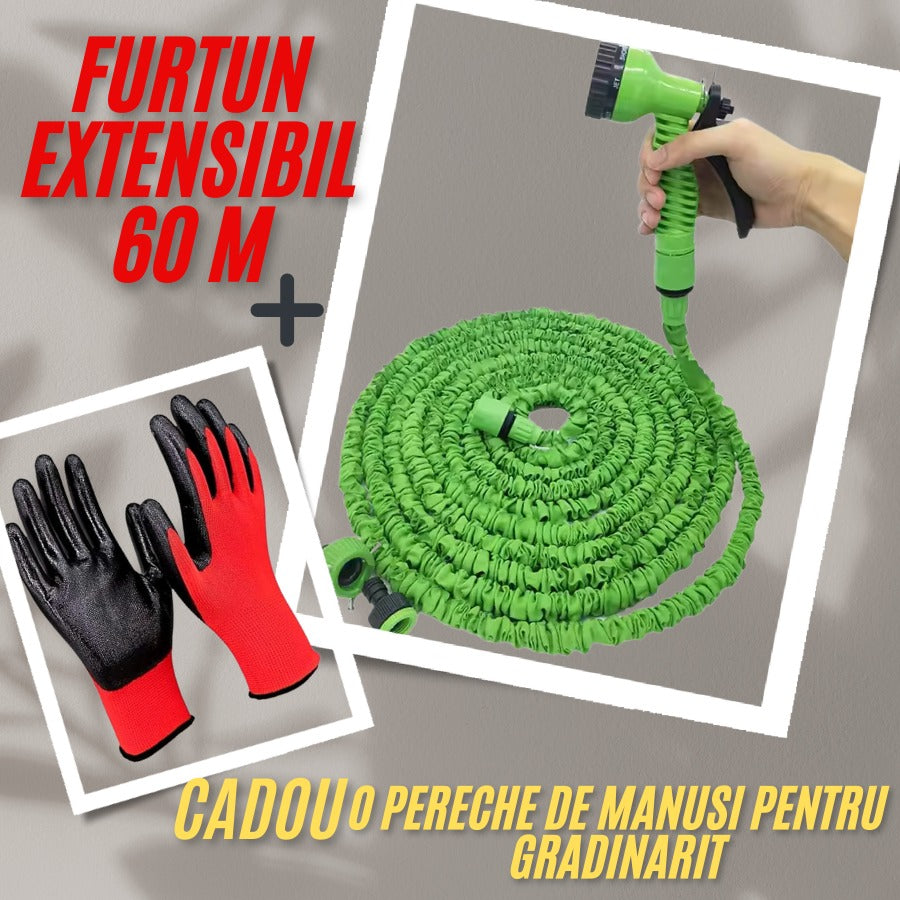Furtun de grădină extensibil de 60M + mănuși grădinărit