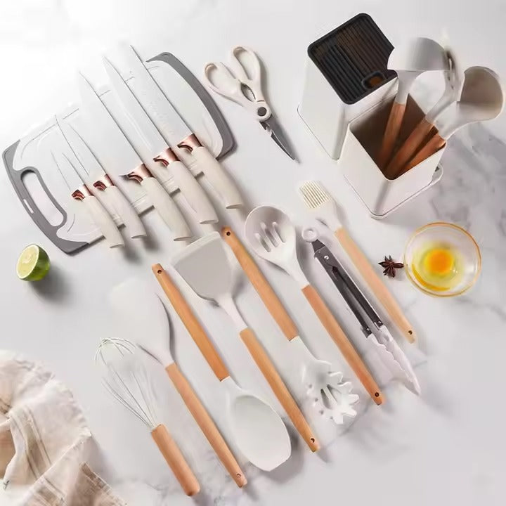Set profesional 19 piese pentru bucătărie – silicon + inox + lemn