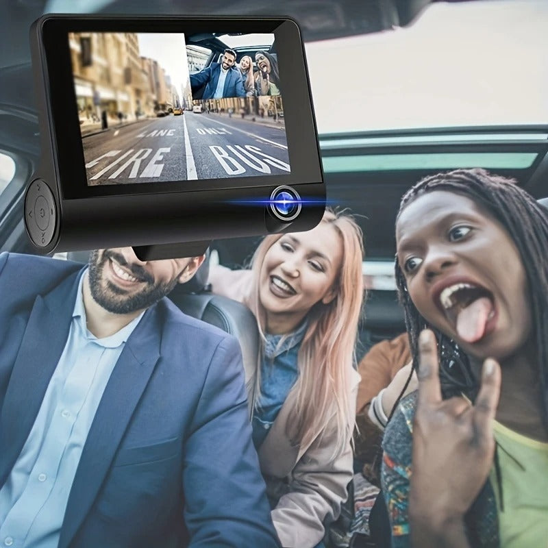 Cameră de Bord 3 în 1 cu Ecran – Înregistrare Față, Spate și Interior + 32GB card SD