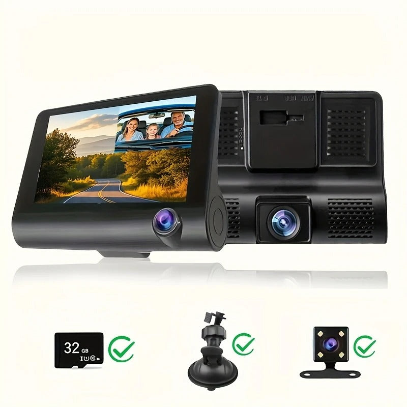 Cameră de Bord 3 în 1 cu Ecran – Înregistrare Față, Spate și Interior + 32GB card SD