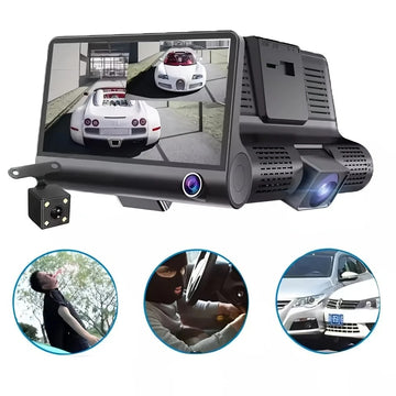 Cameră de Bord 3 în 1 cu Ecran – Înregistrare Față, Spate și Interior + 32GB card SD
