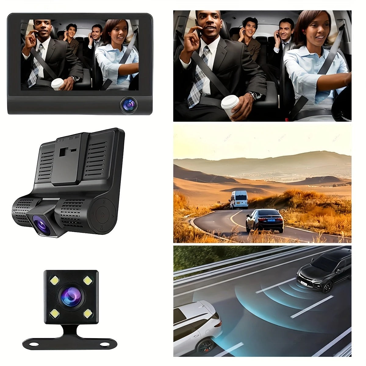 Cameră de Bord 3 în 1 cu Ecran – Înregistrare Față, Spate și Interior + 32GB card SD