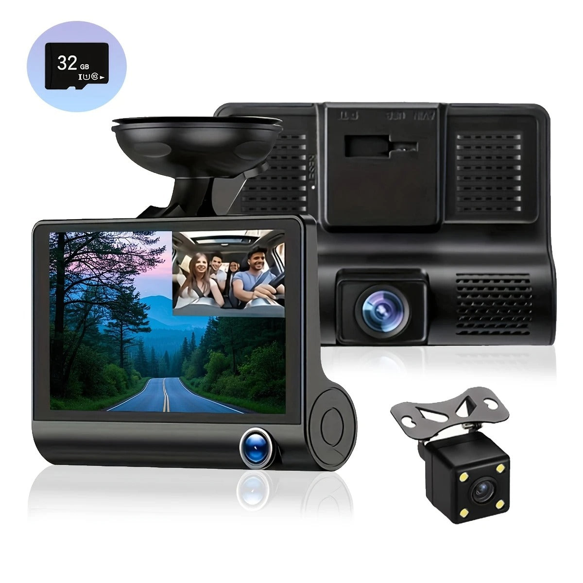 Cameră de Bord 3 în 1 cu Ecran – Înregistrare Față, Spate și Interior + 32GB card SD