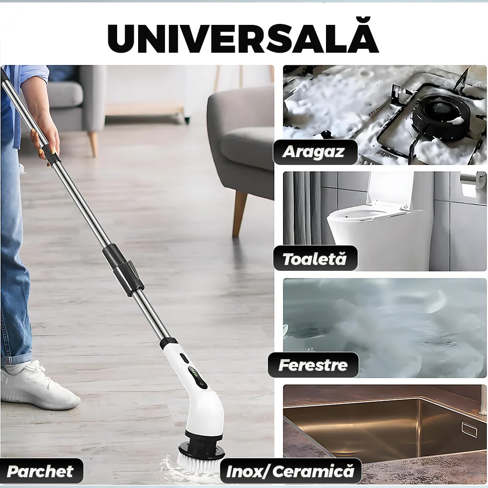 Perie Electrică Rotativă 9 în 1 - 9 capete inlocuibile, 2 viteze reglabile si mâner telescopic