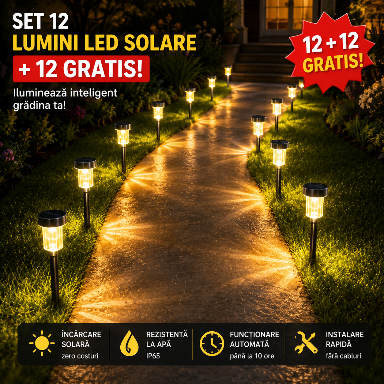 Set Lămpi Solare pentru Exterior din Alumniu – Încărcare Solară și Iluminare Automată
