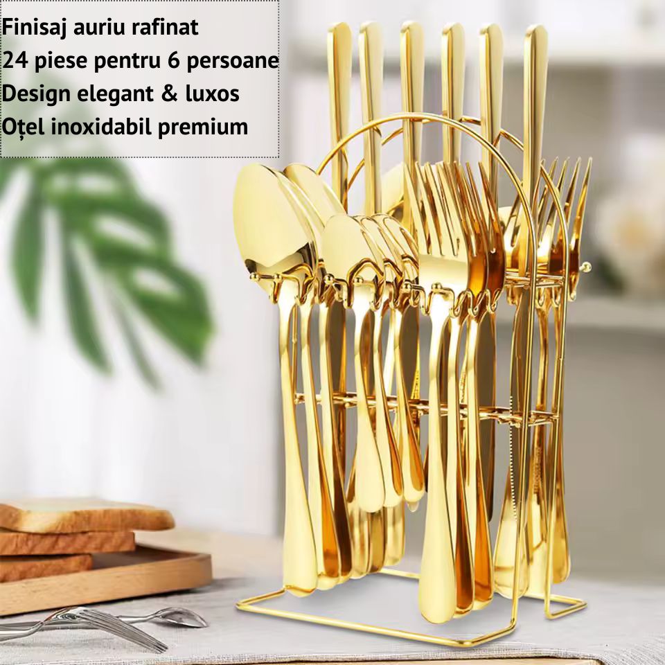 Set 24 tacamuri aurii din inox cu suport – Eleganta si rafinament