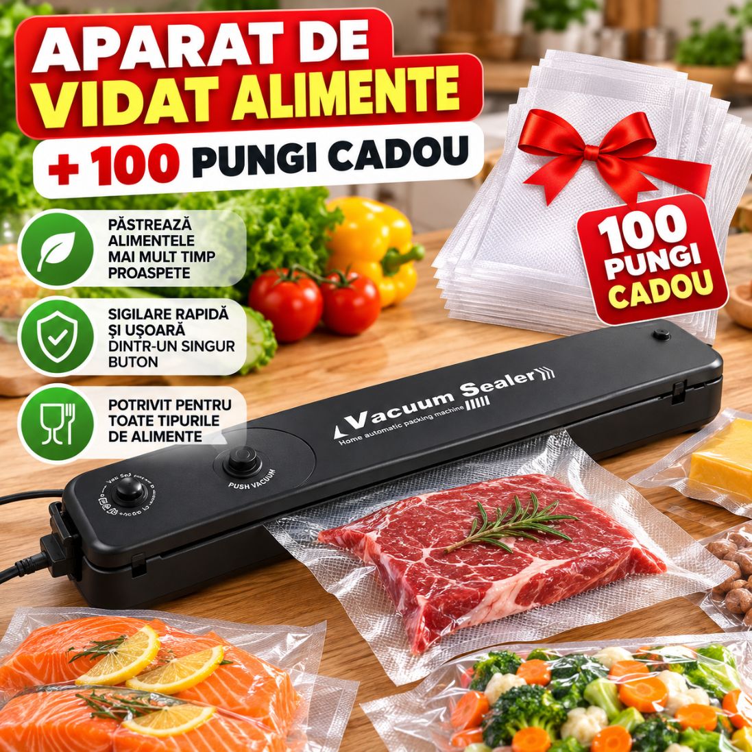 Aparat de Vidat Alimente + 100 Pungi Cadou – Păstrează Prospețimea
