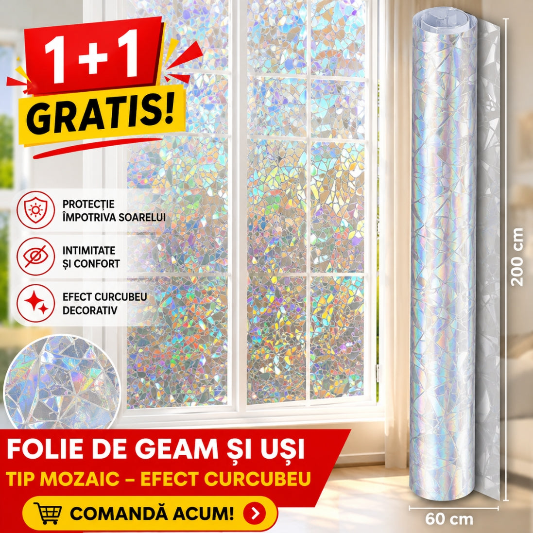 Folie decorativa si protectiva pentru geamuri 200 x 60 CM - Design elegant cu protectie maxima