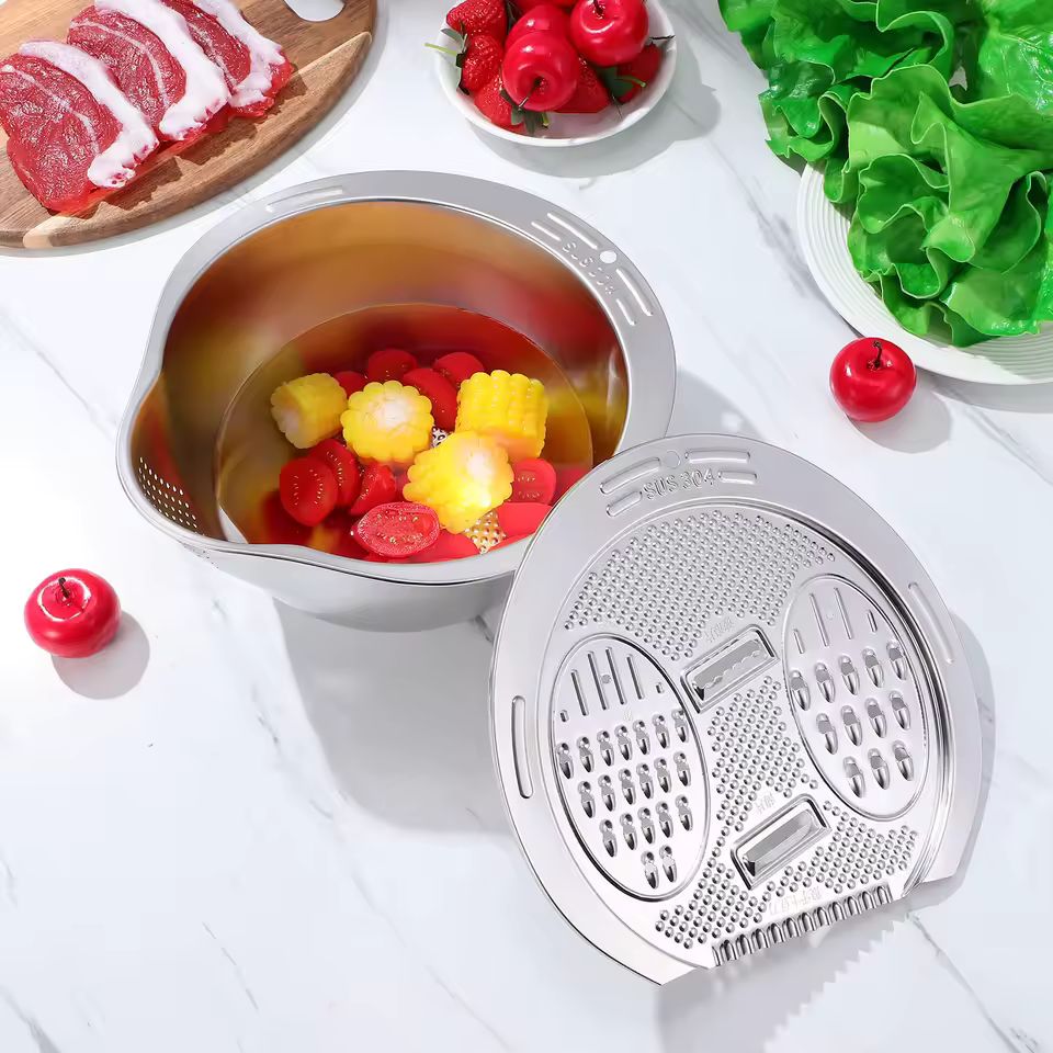 Bol Inox cu Capac Răzătoare și Scurgător – Ideal pentru Gătit