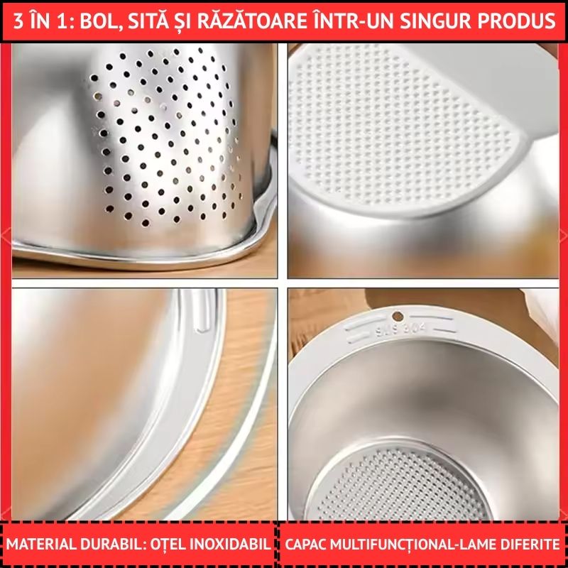Bol Inox cu Capac Răzătoare și Scurgător – Ideal pentru Gătit