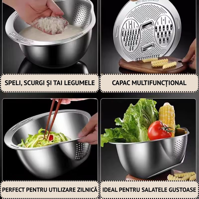 Bol Inox cu Capac Răzătoare și Scurgător – Ideal pentru Gătit