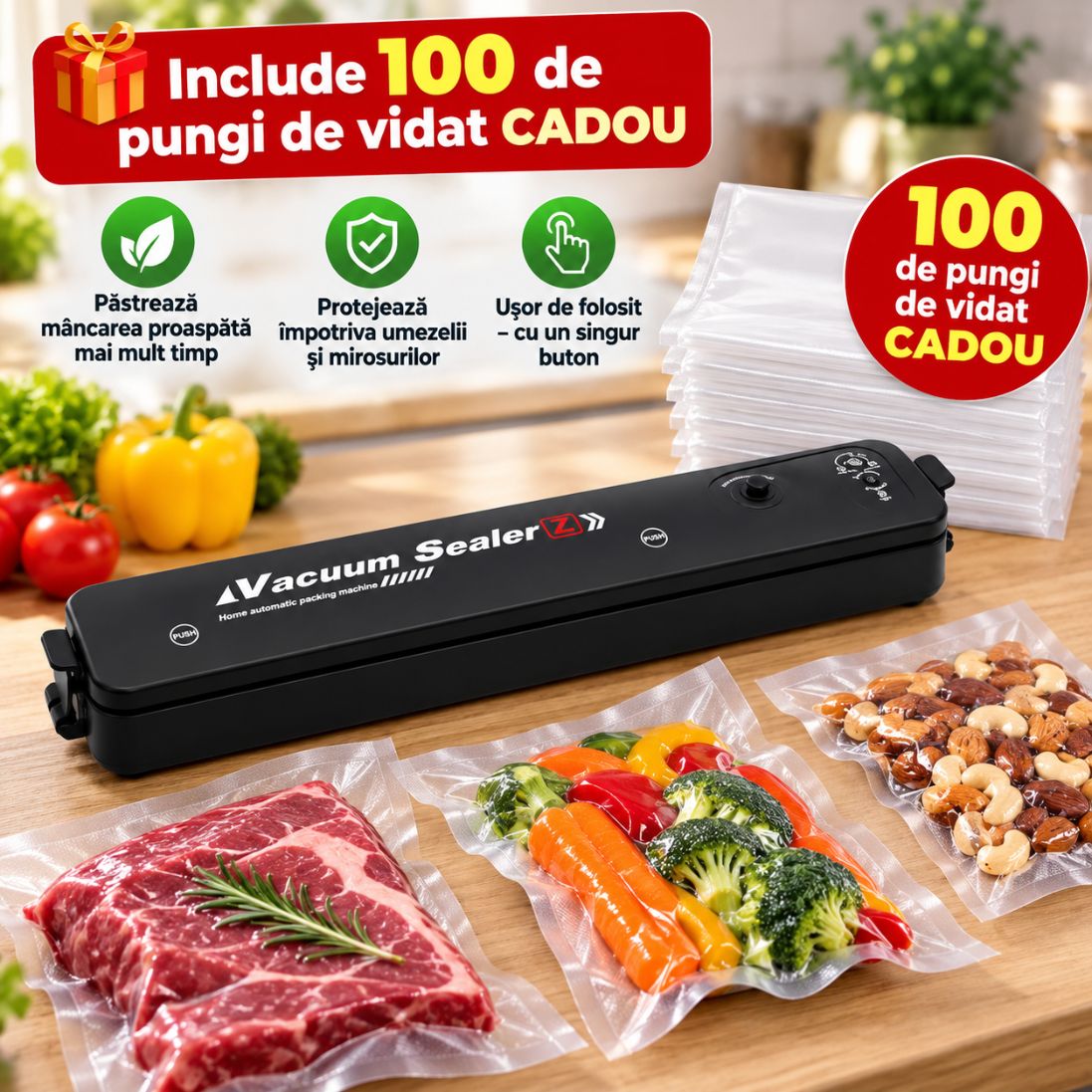 Aparat de Vidat Alimente + 100 Pungi Cadou – Păstrează Prospețimea